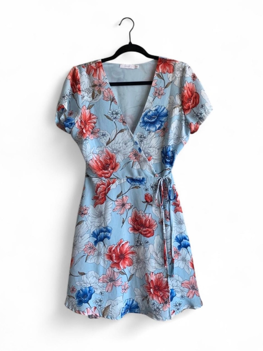 Lush Light Blue Floral Wrap Dress Size Medium